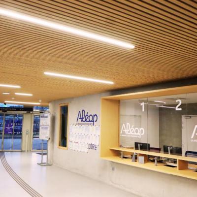 profile LED intégré dans un plafind bois éclairage gare routiere